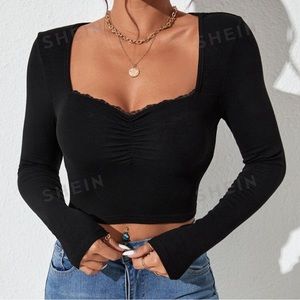 SHEIN lace trim long sleeve crop top